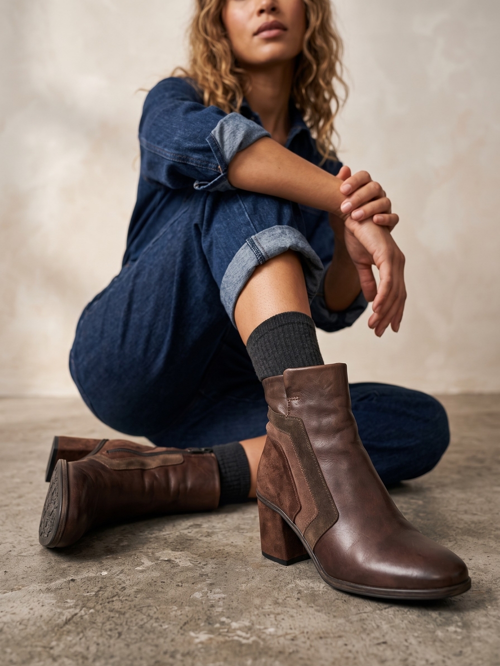 MJUS Leather Suede Patchwork Ankle Boots Boho Western Block Heel Booties